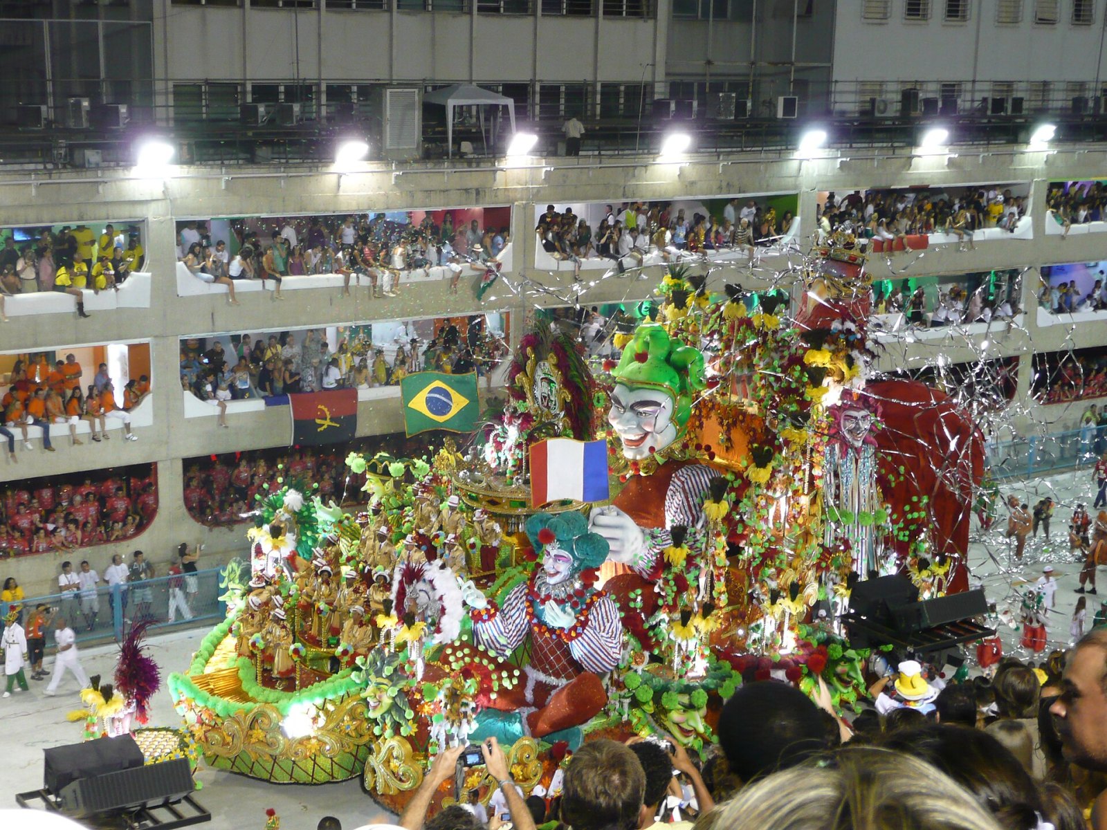 A samba school float parading at the Sambódromo during Carnival.