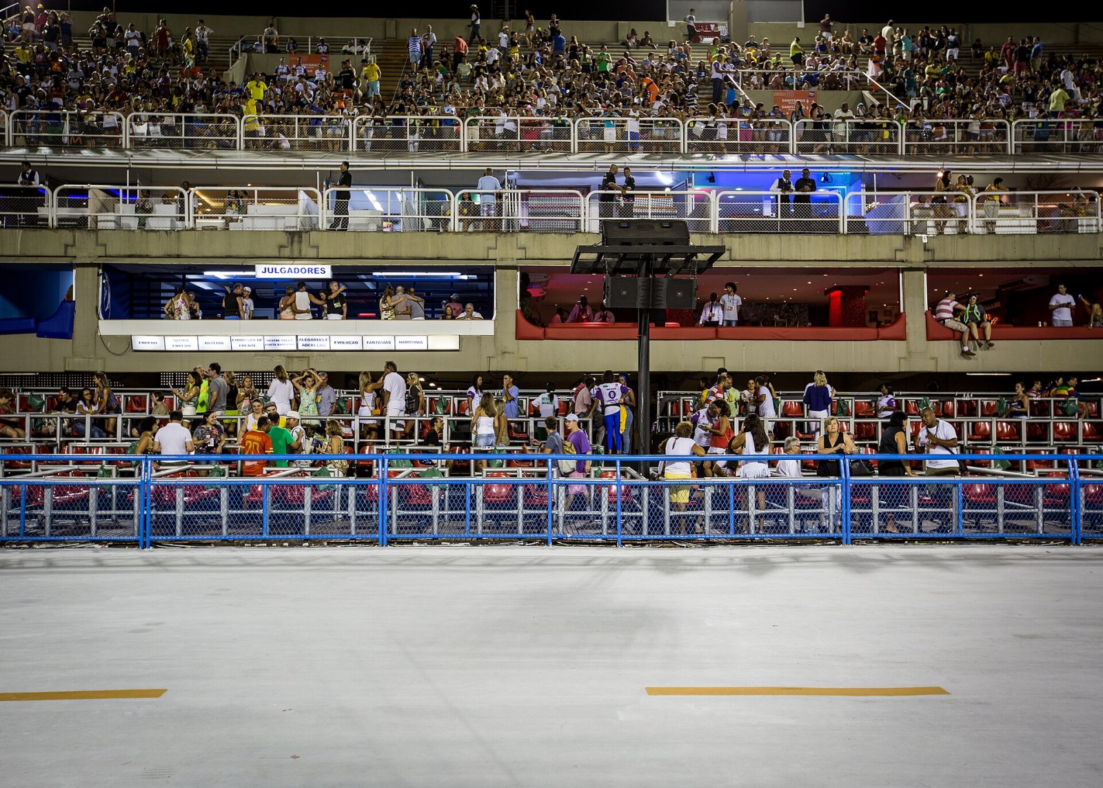 The grandstands (arquibancadas) along the Sambódromo runway during a parade.