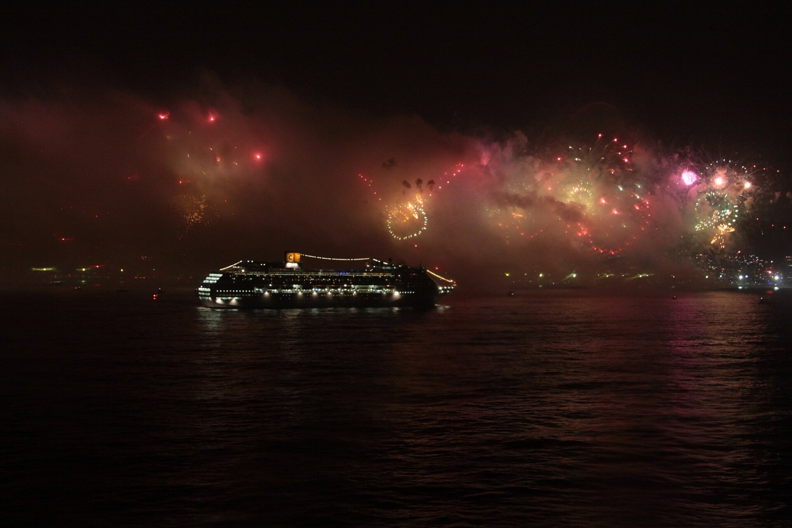 Fireworks seen from the water off Copacabana at midnight.